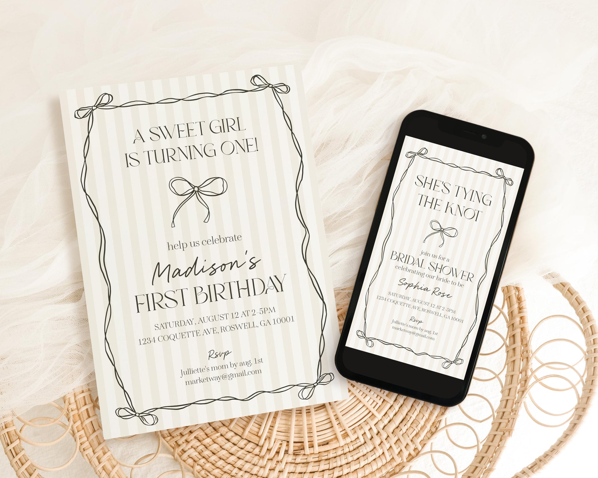 Black Coquette Bow Birthday Bundle Template, Beige Striped Doodle Bow Birthday Party for Girl, Bow Party Decor for Fancy Bday Party WP1062