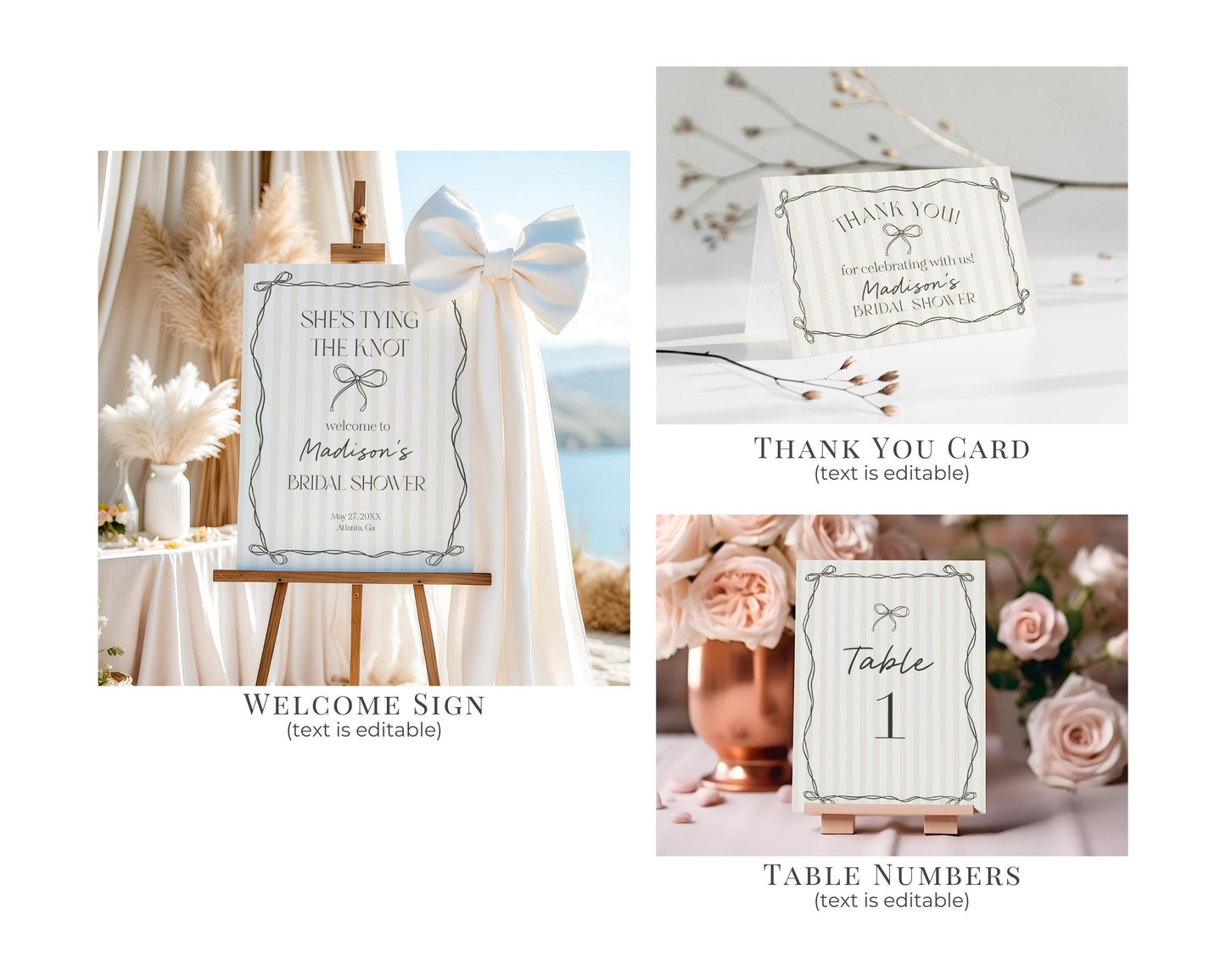 Black Coquette Bow Bridal Shower Bundle Template, Beige Striped Doodle Bow Bridal Brunch with the Bride, Tying the Knot Shower Decor WP1062