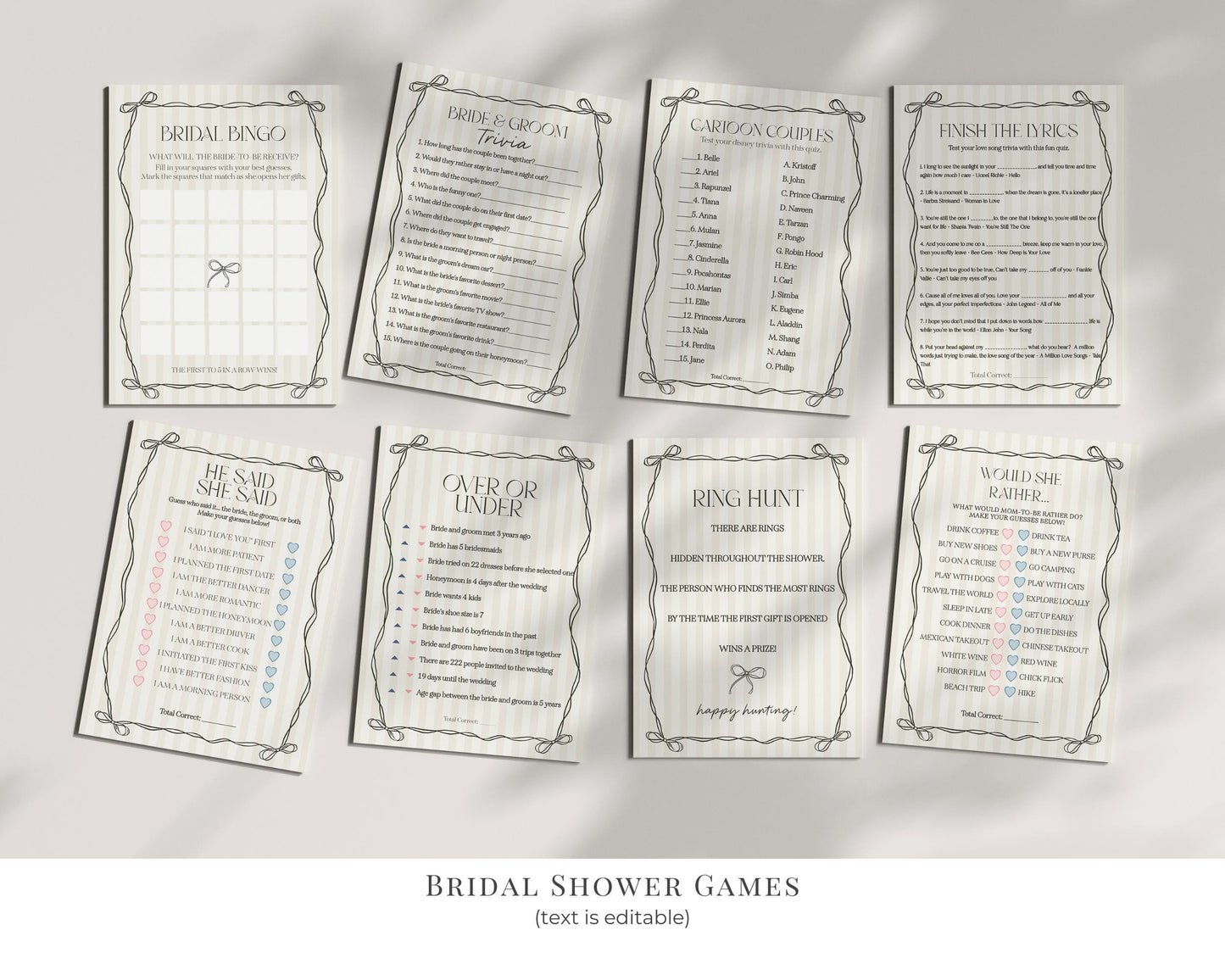 Black Coquette Bow Bridal Shower Bundle Template, Beige Striped Doodle Bow Bridal Brunch with the Bride, Tying the Knot Shower Decor WP1062