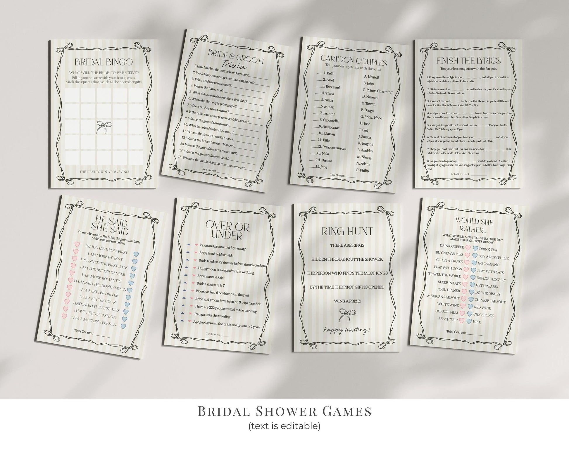 Black Coquette Bow Bridal Shower Bundle Template, Beige Striped Doodle Bow Bridal Brunch with the Bride, Tying the Knot Shower Decor WP1062