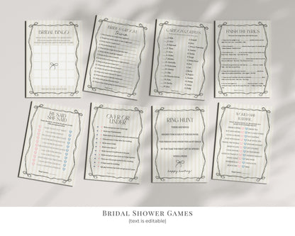 Black Coquette Bow Bridal Shower Bundle Template, Beige Striped Doodle Bow Bridal Brunch with the Bride, Tying the Knot Shower Decor WP1062