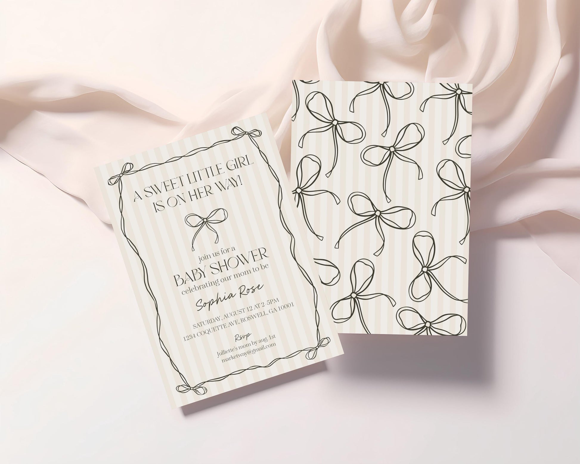 Black Coquette Bow Baby Shower Invitation Template, Beige Striped Doodle Bow Baby Sprinkle for Girl, Bow Party Decor Nesting Party WP1062