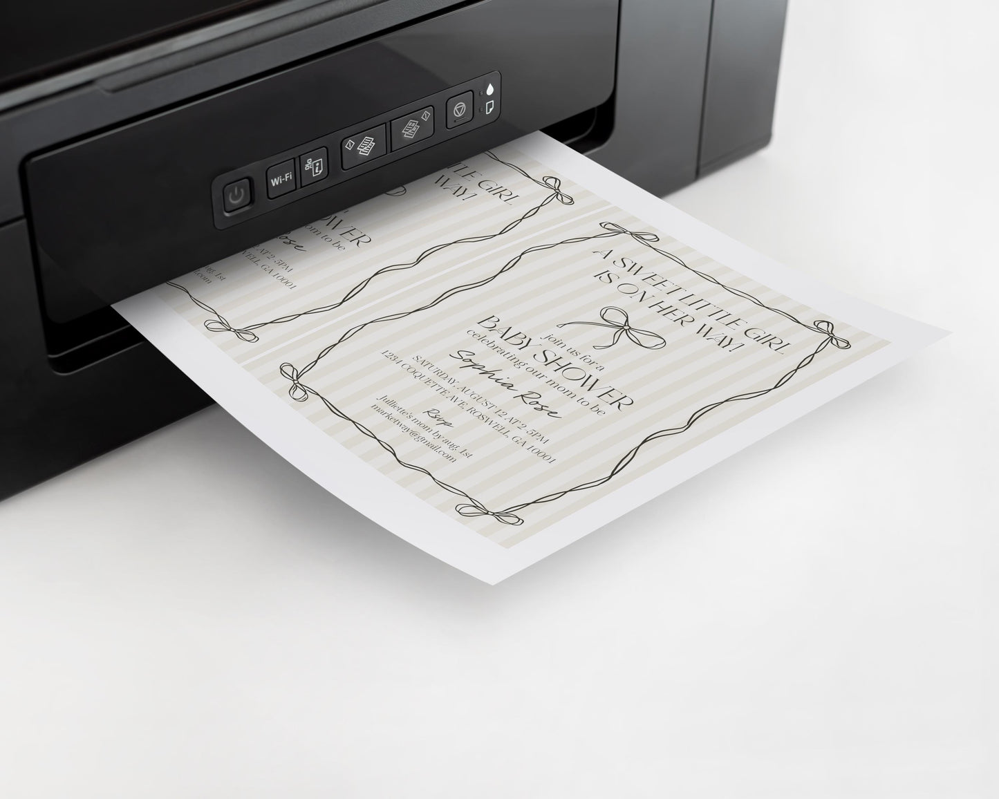 Black Coquette Bow Baby Shower Invitation Template, Beige Striped Doodle Bow Baby Sprinkle for Girl, Bow Party Decor Nesting Party WP1062