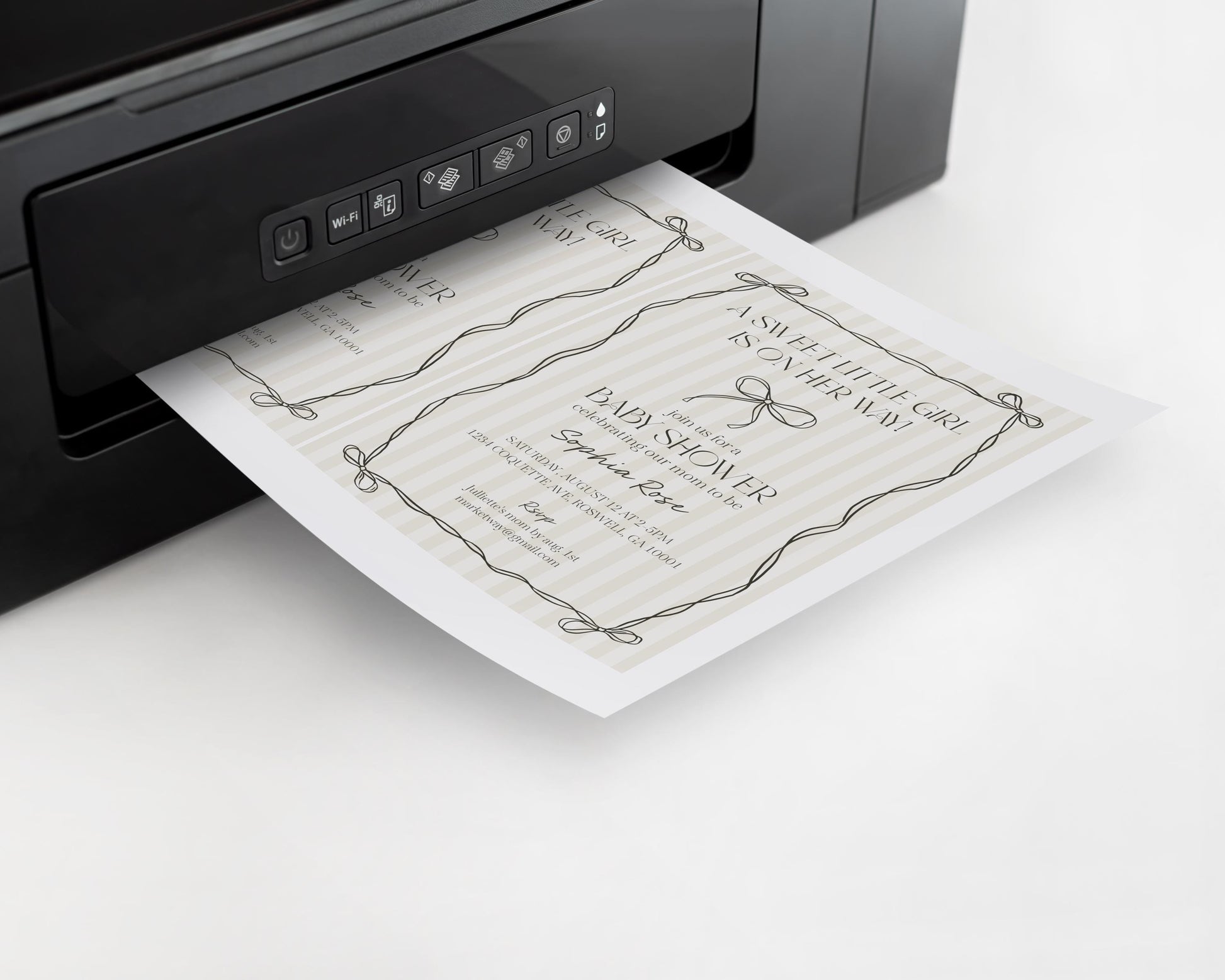 Black Coquette Bow Baby Shower Invitation Template, Beige Striped Doodle Bow Baby Sprinkle for Girl, Bow Party Decor Nesting Party WP1062