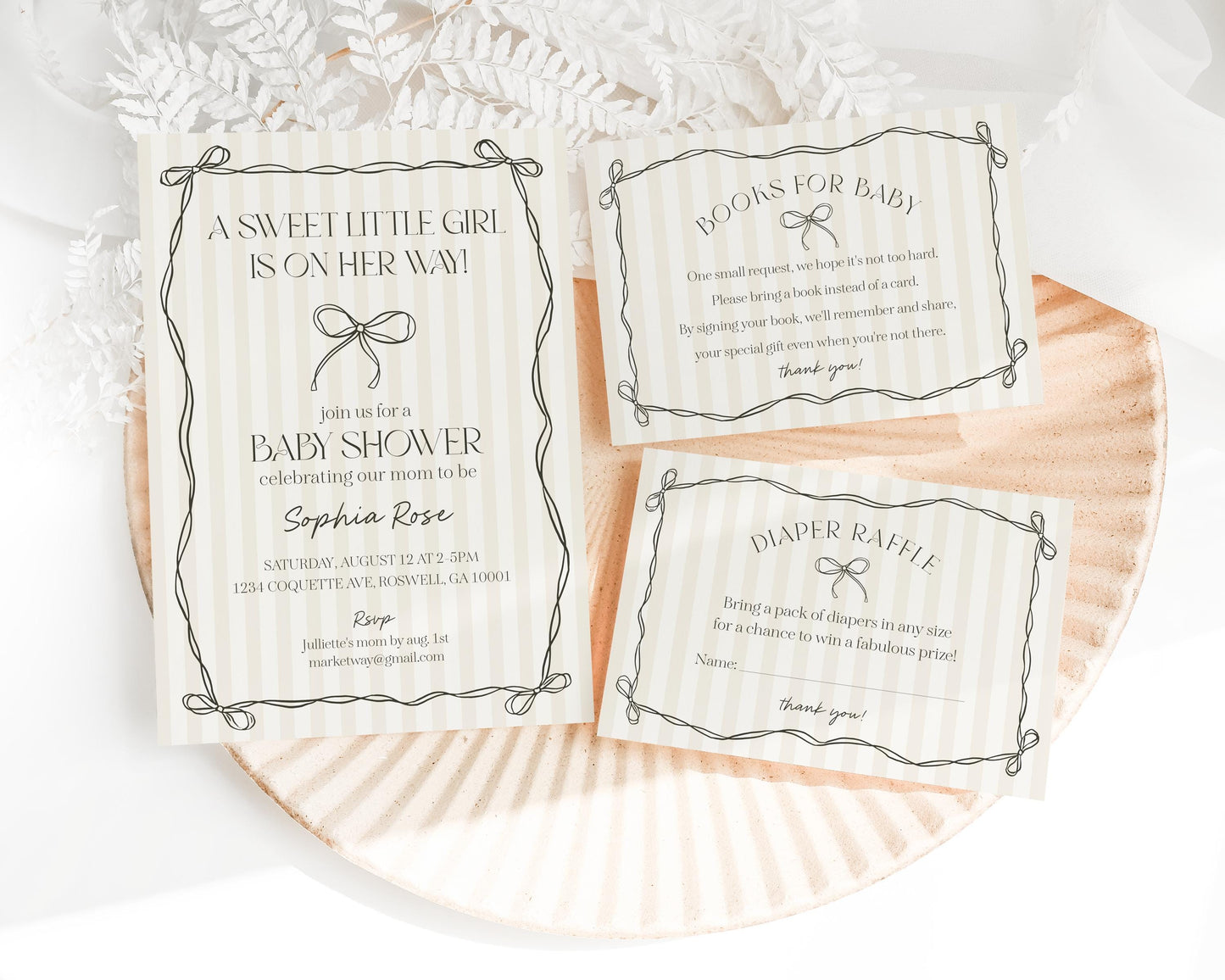 Black Coquette Bow Baby Shower Invitation Template, Beige Striped Doodle Bow Baby Sprinkle for Girl, Bow Party Decor Nesting Party WP1062