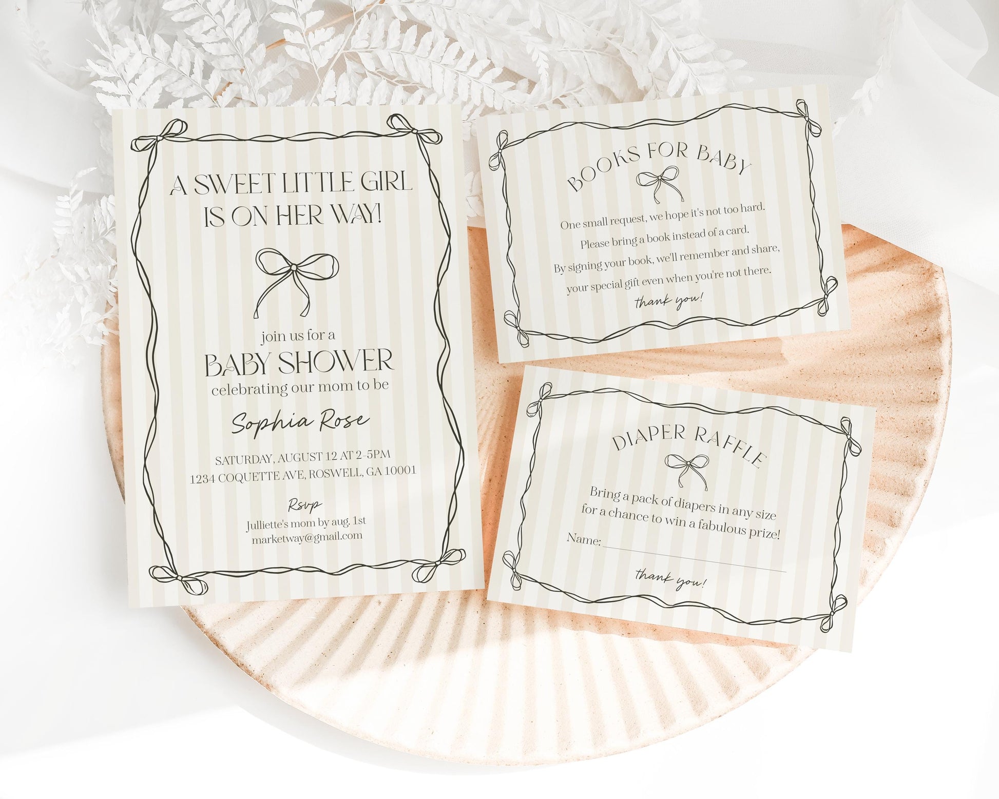 Black Coquette Bow Baby Shower Invitation Template, Beige Striped Doodle Bow Baby Sprinkle for Girl, Bow Party Decor Nesting Party WP1062
