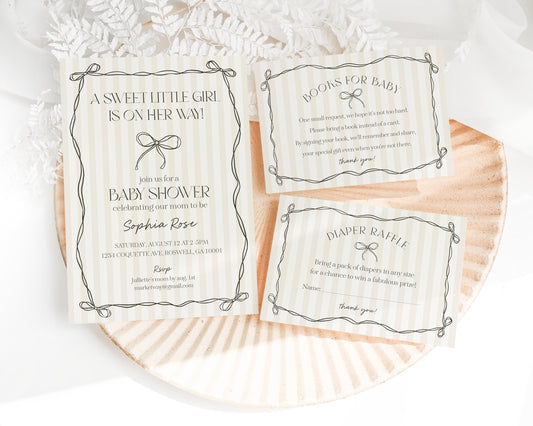 Black Coquette Bow Baby Shower Invitation Template, Beige Striped Doodle Bow Baby Sprinkle for Girl, Bow Party Decor Nesting Party WP1062