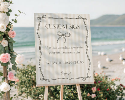 Black Coquette Bow Custom Sign Template, Beige Striped Doodle Bow Baby Shower Party Decor, Tying the Knot Bridal Brunch, Bow Birthday WP1062