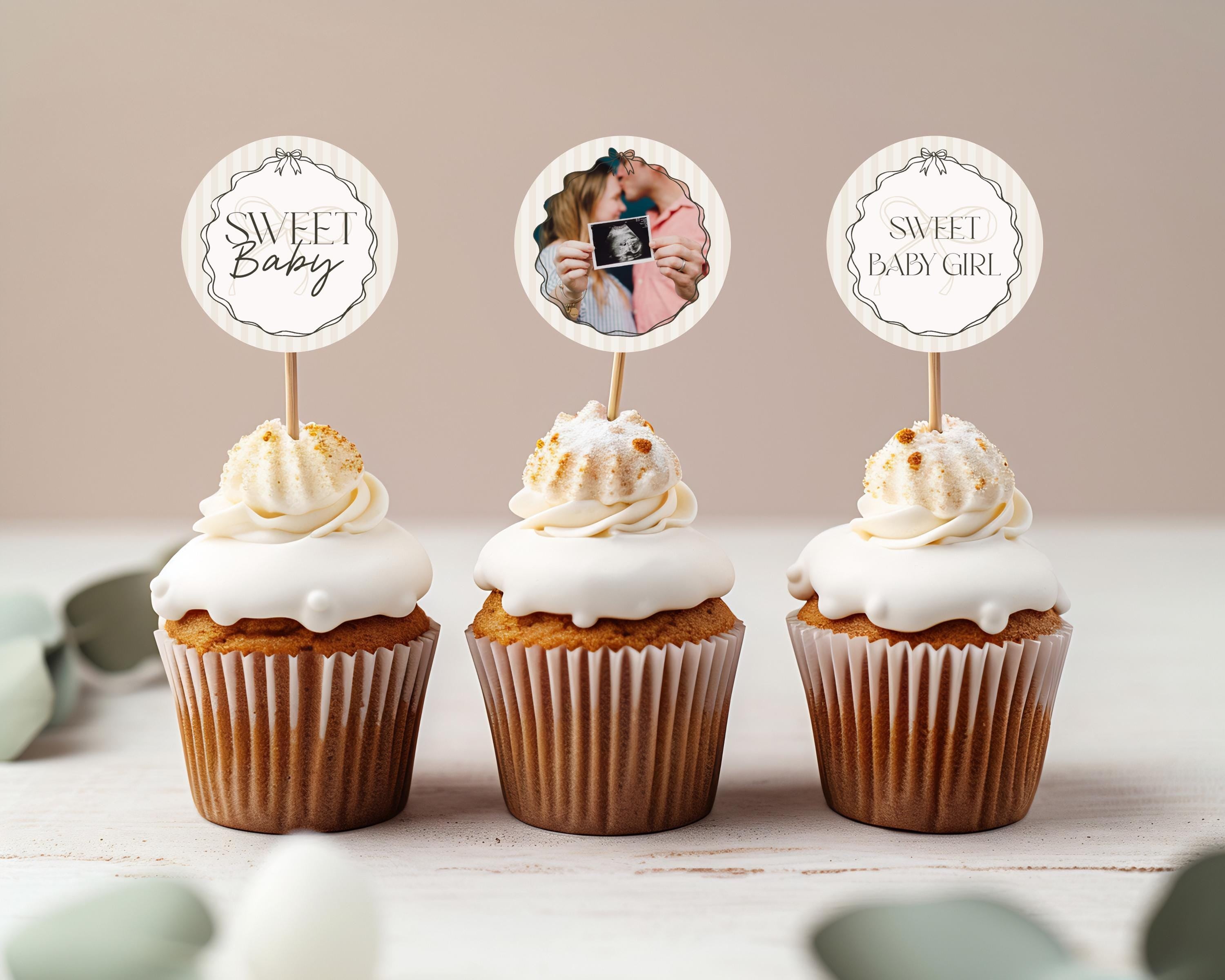 Black Coquette Bow Baby Shower Cupcake Toppers Template, Beige Striped Doodle Bow Girl Baby Sprinkle, Bow Party Decor Nesting Party WP1062