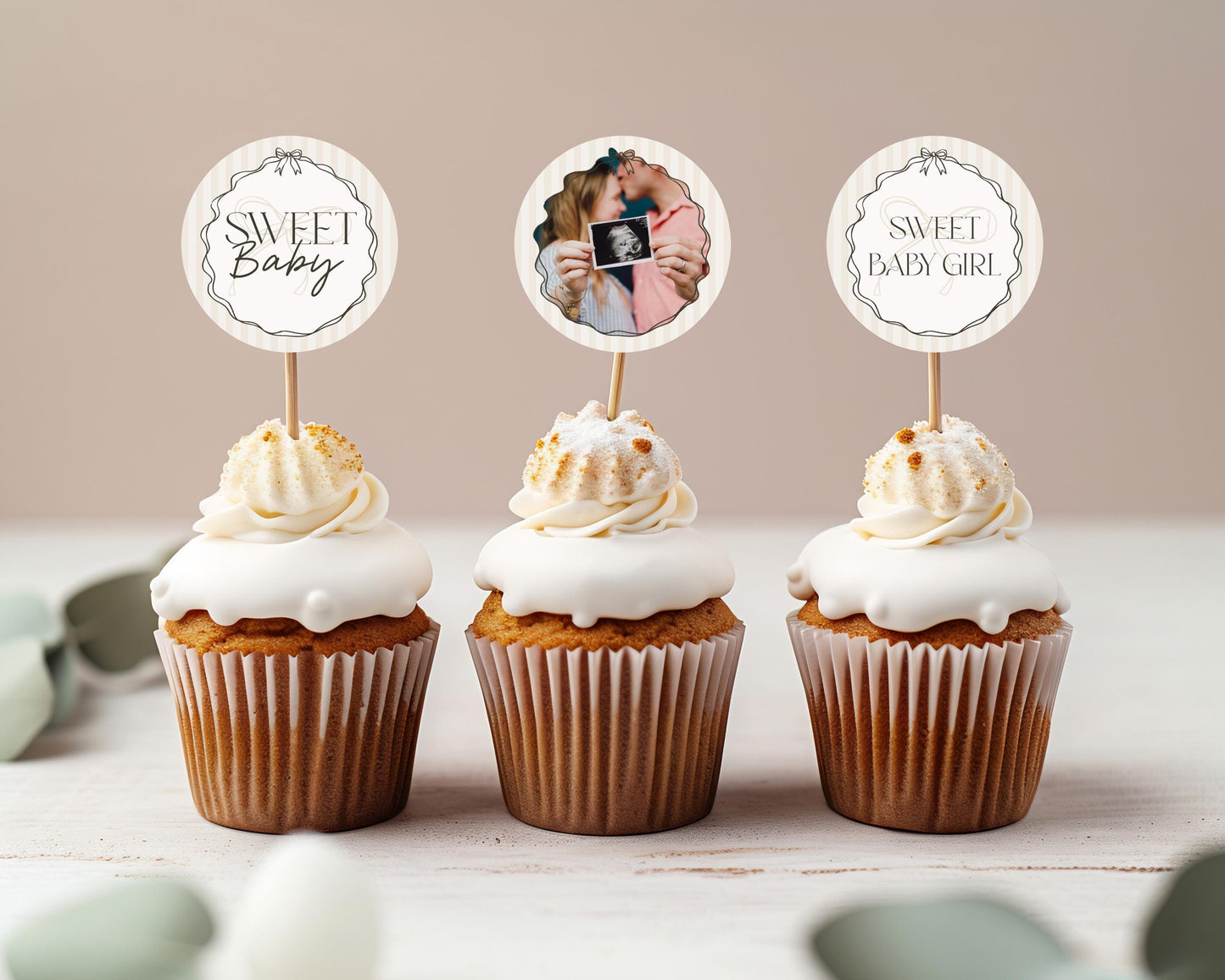 Black Coquette Bow Baby Shower Cupcake Toppers Template, Beige Striped Doodle Bow Girl Baby Sprinkle, Bow Party Decor Nesting Party WP1062