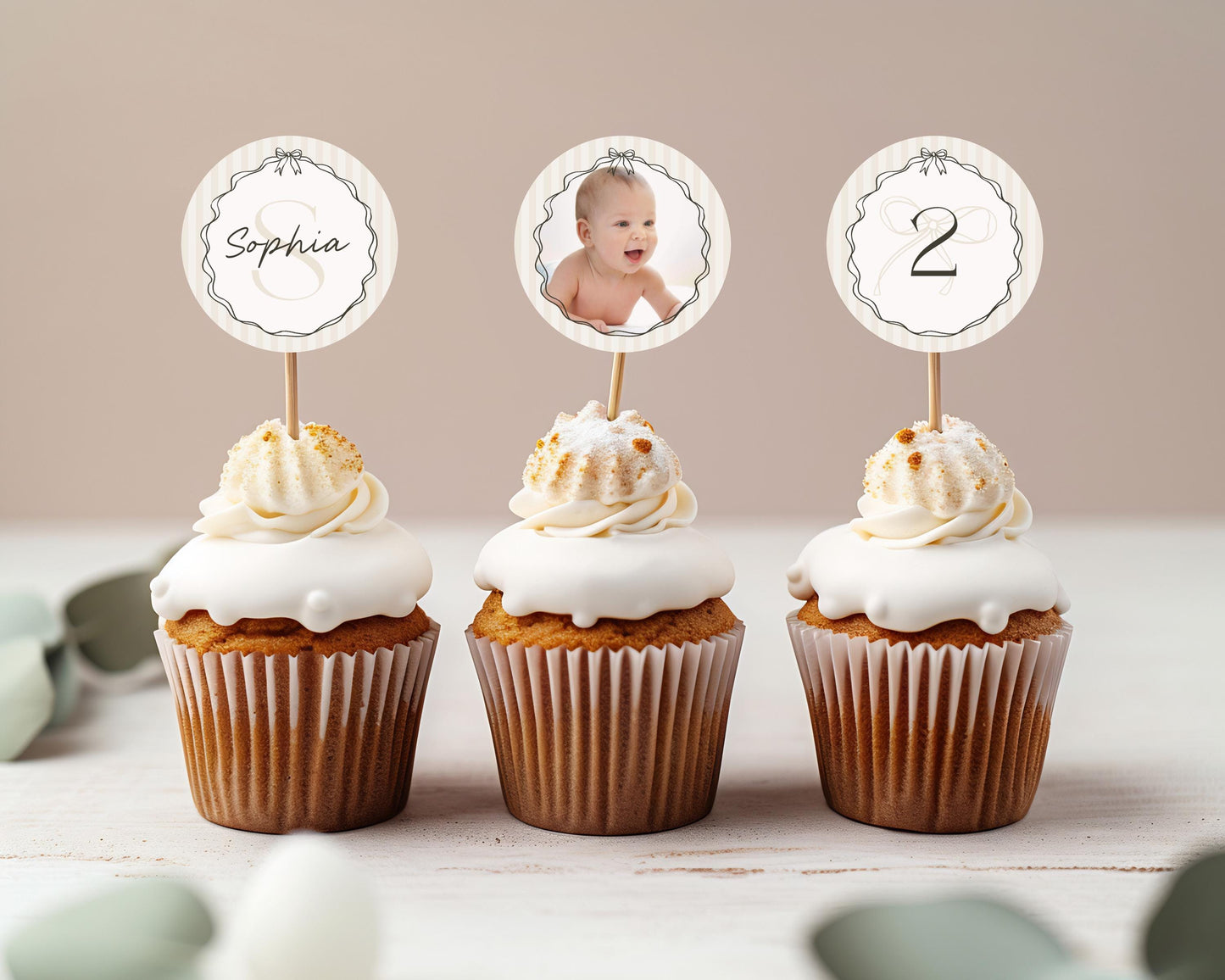 Black Coquette Bow Birthday Party Cupcake Toppers Template, Beige Striped Doodle Bow Birthday Party for Girl, Fancy Party Decor WP1062