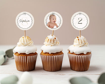 Black Coquette Bow Birthday Party Cupcake Toppers Template, Beige Striped Doodle Bow Birthday Party for Girl, Fancy Party Decor WP1062