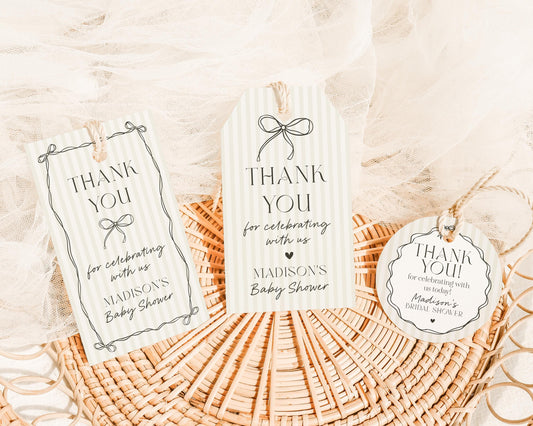 Black Coquette Bow Baby Shower Favor Tags Template, Beige Striped Doodle Bow Baby Sprinkle for Girl, Bow Party Decor Nesting Party WP1062