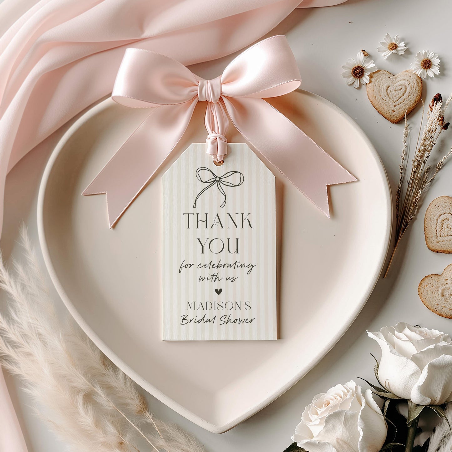 Black Coquette Bow Bridal Shower Favor Tag Template, Beige Striped Doodle Bow Bridal Brunch with the Bride, Tying the Knot Shower WP1062