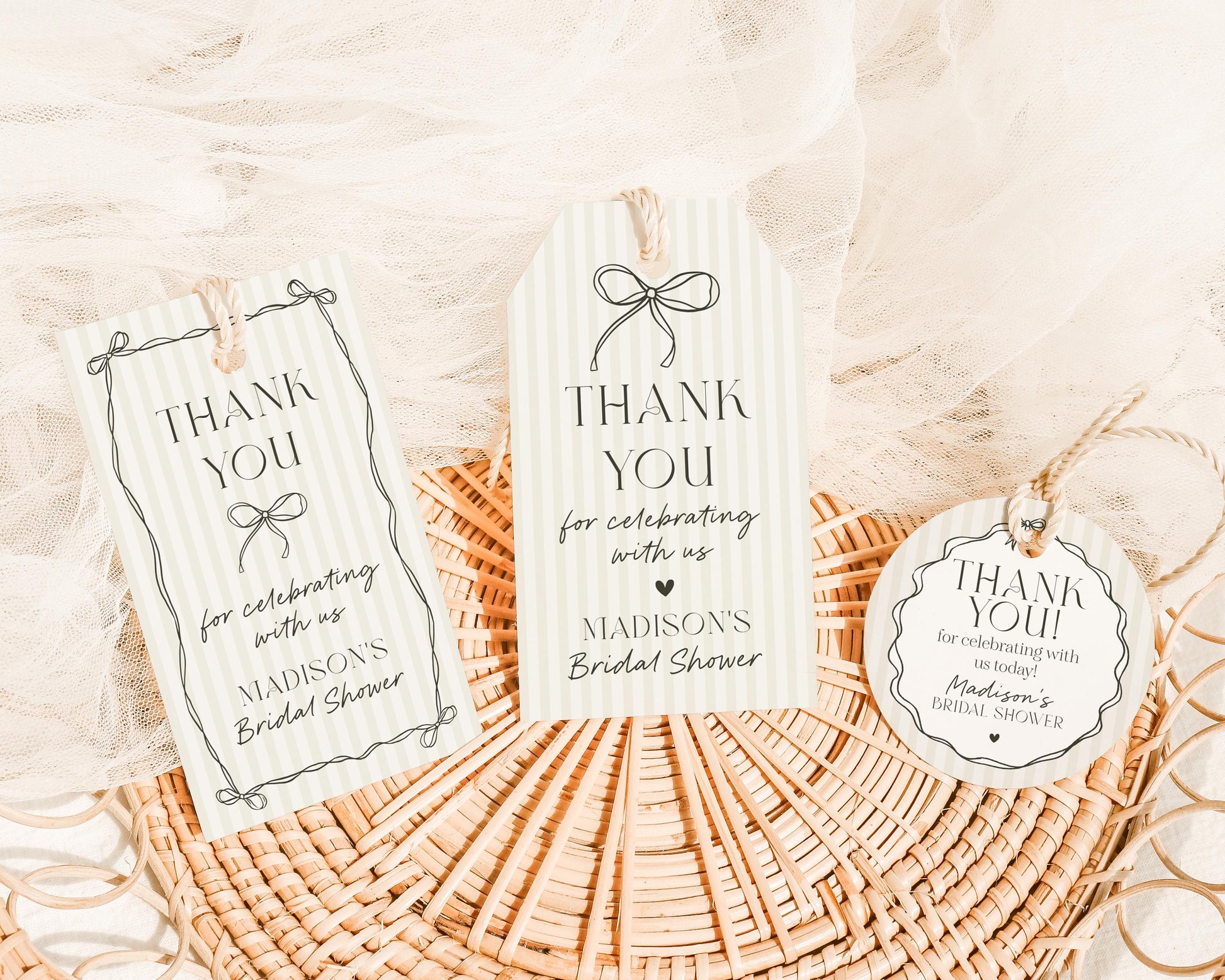 Black Coquette Bow Bridal Shower Favor Tag Template, Beige Striped Doodle Bow Bridal Brunch with the Bride, Tying the Knot Shower WP1062