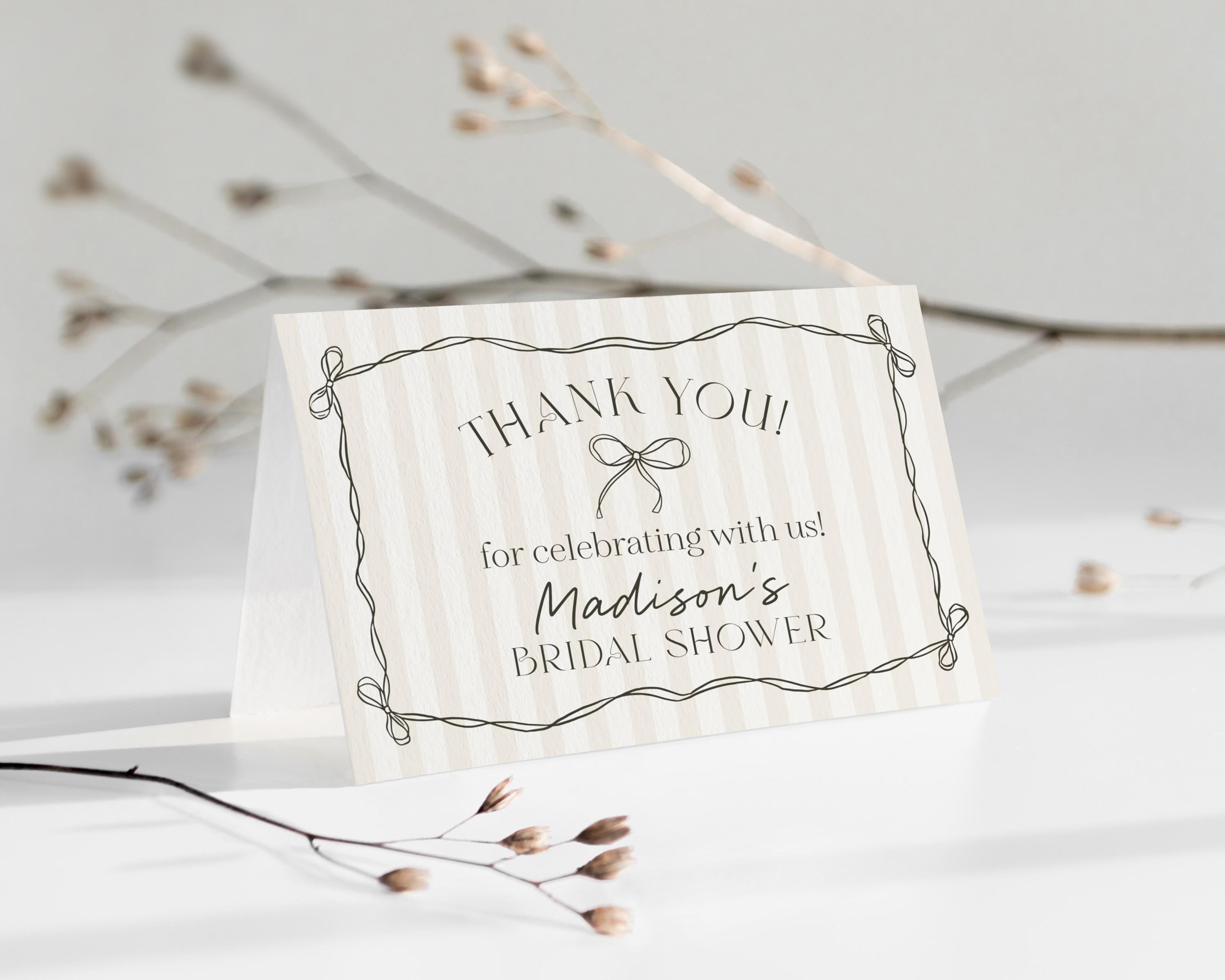 Black Coquette Bow Thank You Card Template, Beige Striped Doodle Bow Baby Shower Decor, Tying the Knot Bridal Brunch, Bow Birthday WP1062