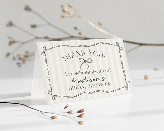 Black Coquette Bow Thank You Card Template, Beige Striped Doodle Bow Baby Shower Decor, Tying the Knot Bridal Brunch, Bow Birthday WP1062