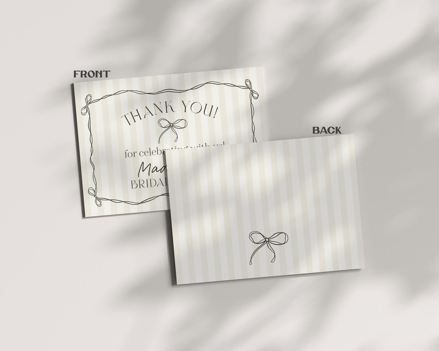 Black Coquette Bow Thank You Card Template, Beige Striped Doodle Bow Baby Shower Decor, Tying the Knot Bridal Brunch, Bow Birthday WP1062