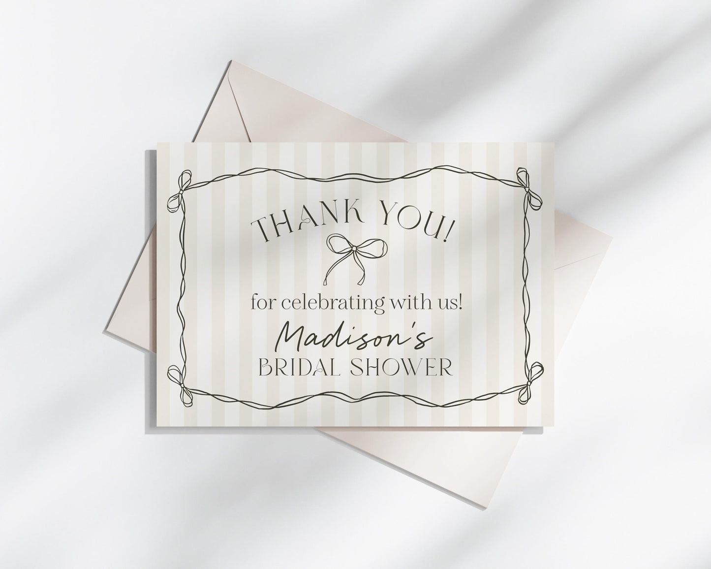 Black Coquette Bow Thank You Card Template, Beige Striped Doodle Bow Baby Shower Decor, Tying the Knot Bridal Brunch, Bow Birthday WP1062