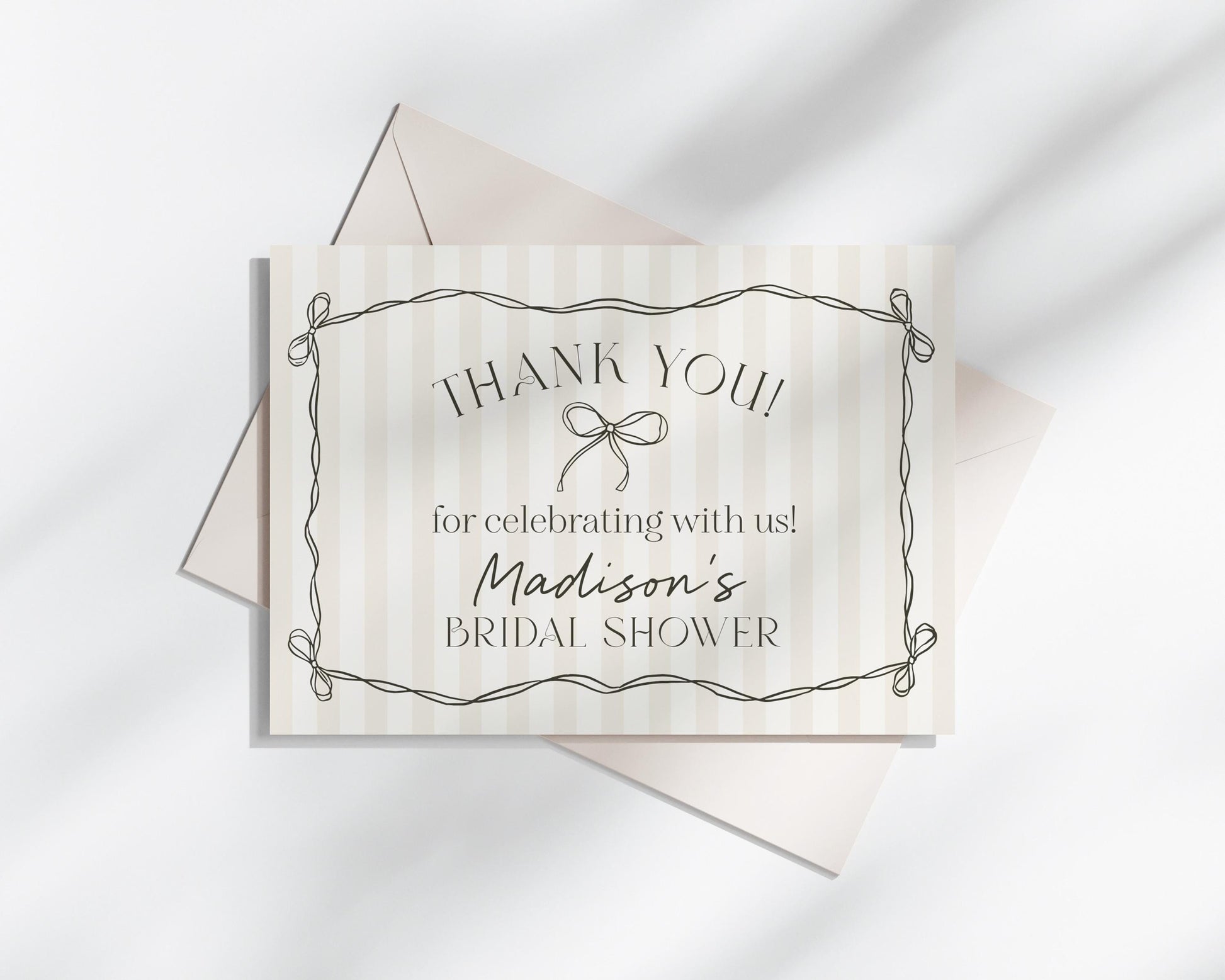 Black Coquette Bow Thank You Card Template, Beige Striped Doodle Bow Baby Shower Decor, Tying the Knot Bridal Brunch, Bow Birthday WP1062
