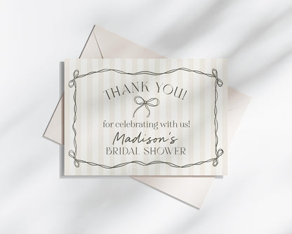 Black Coquette Bow Thank You Card Template, Beige Striped Doodle Bow Baby Shower Decor, Tying the Knot Bridal Brunch, Bow Birthday WP1062