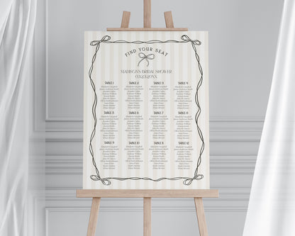 Black Coquette Bow Seating Chart Cards Template, Beige Striped Doodle Bow Baby Shower, Tying the Knot Bridal Brunch, Bow Birthday WP1062