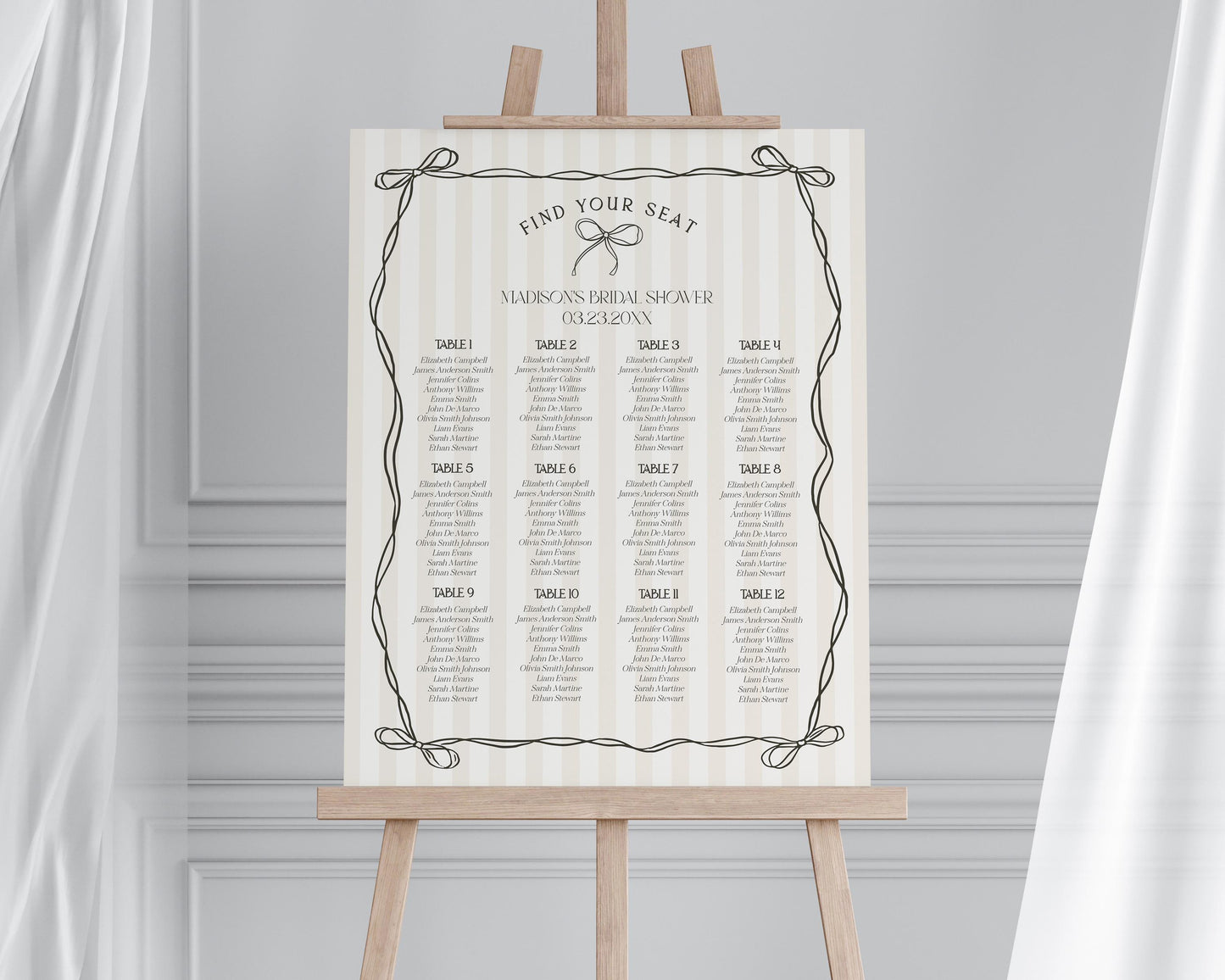 Black Coquette Bow Seating Chart Template, Beige Striped Doodle Bow Baby Shower, Tying the Knot Bridal Brunch, Bow Birthday Party WP1062