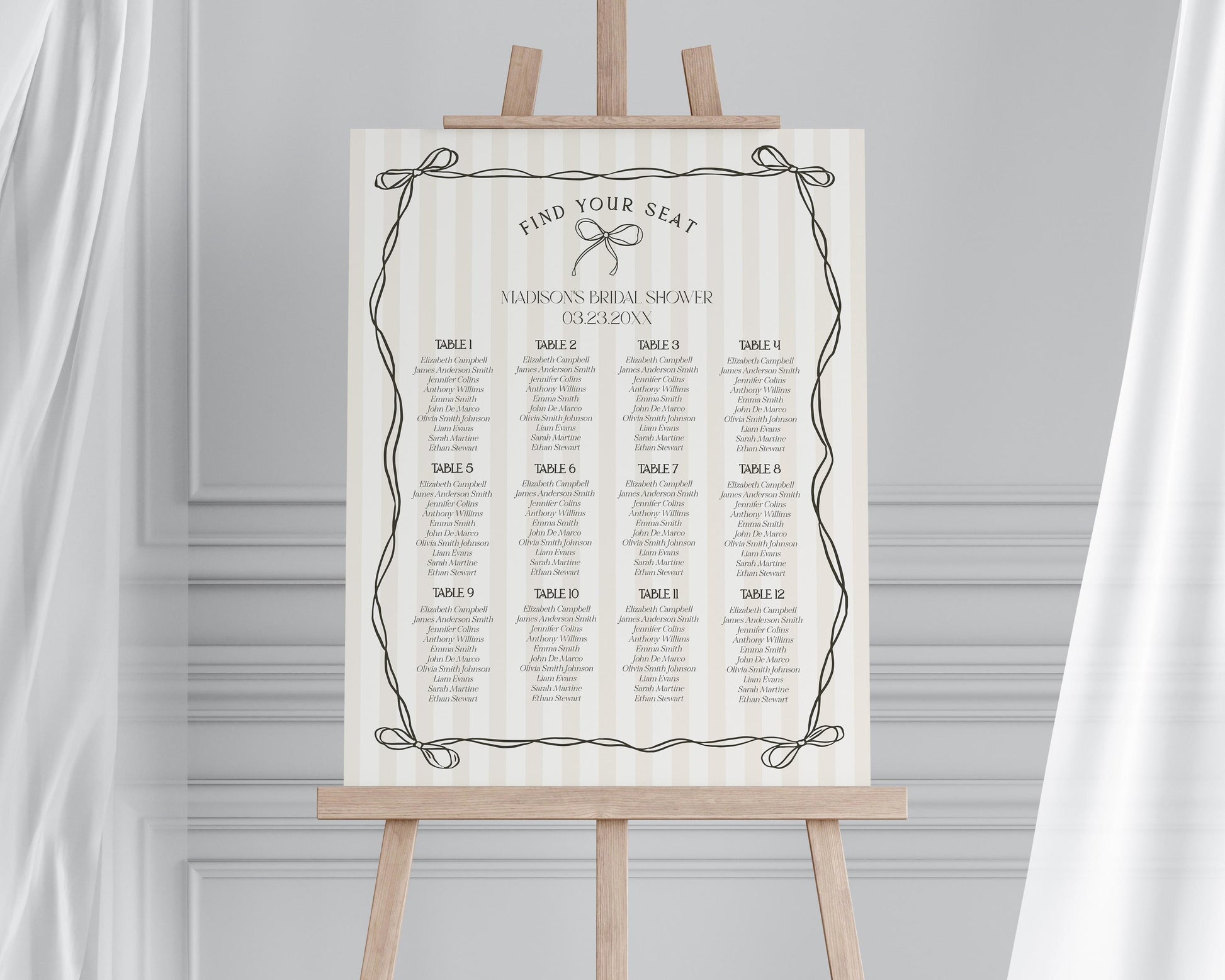 Black Coquette Bow Seating Chart Template, Beige Striped Doodle Bow Baby Shower, Tying the Knot Bridal Brunch, Bow Birthday Party WP1062