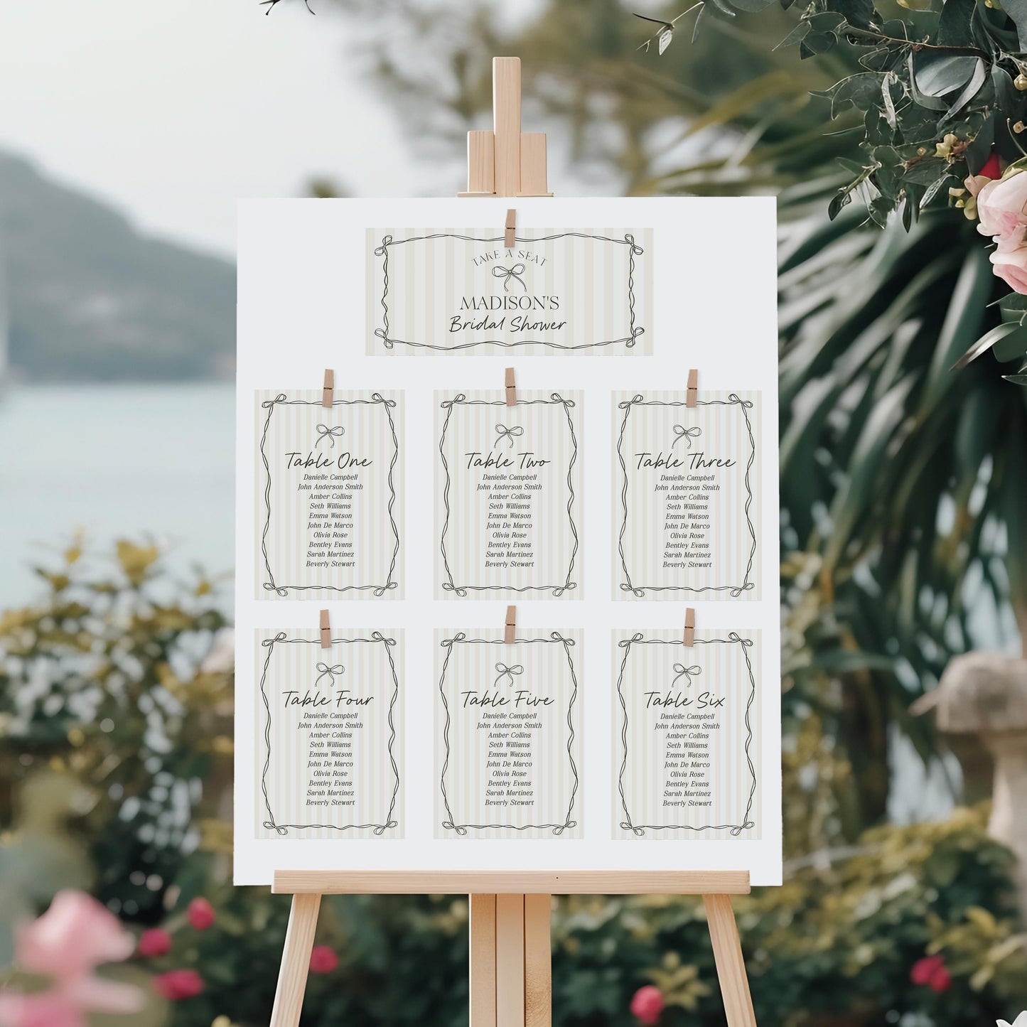Black Coquette Bow Seating Chart Template, Beige Striped Doodle Bow Baby Shower, Tying the Knot Bridal Brunch, Bow Birthday Party WP1062