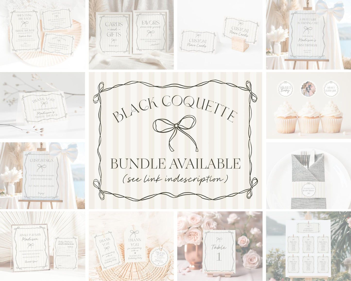 Black Coquette Bow Seating Chart Cards Template, Beige Striped Doodle Bow Baby Shower, Tying the Knot Bridal Brunch, Bow Birthday WP1062