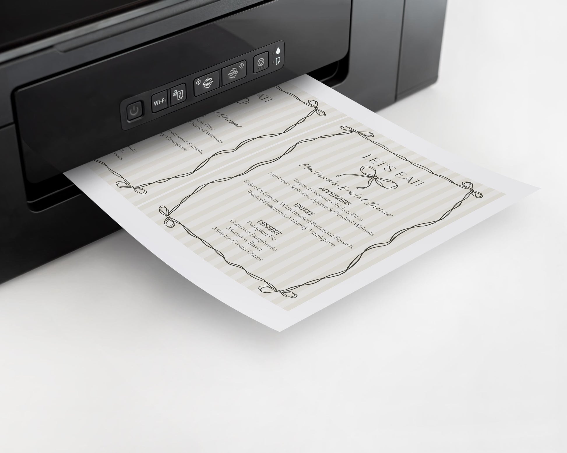 Black Coquette Bow Menu Template, Beige Striped Doodle Bow Baby Shower Party Decor, Tying the Knot Bridal Brunch, Bow Birthday Party WP1062