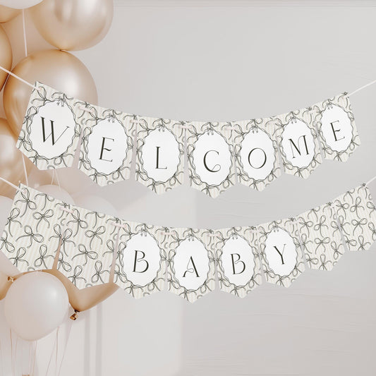 Black Coquette Bow Baby Shower Banner Template, Beige Striped Doodle Bow Baby Sprinkle for Girl, Bow Party Decor for Nesting Party WP1062
