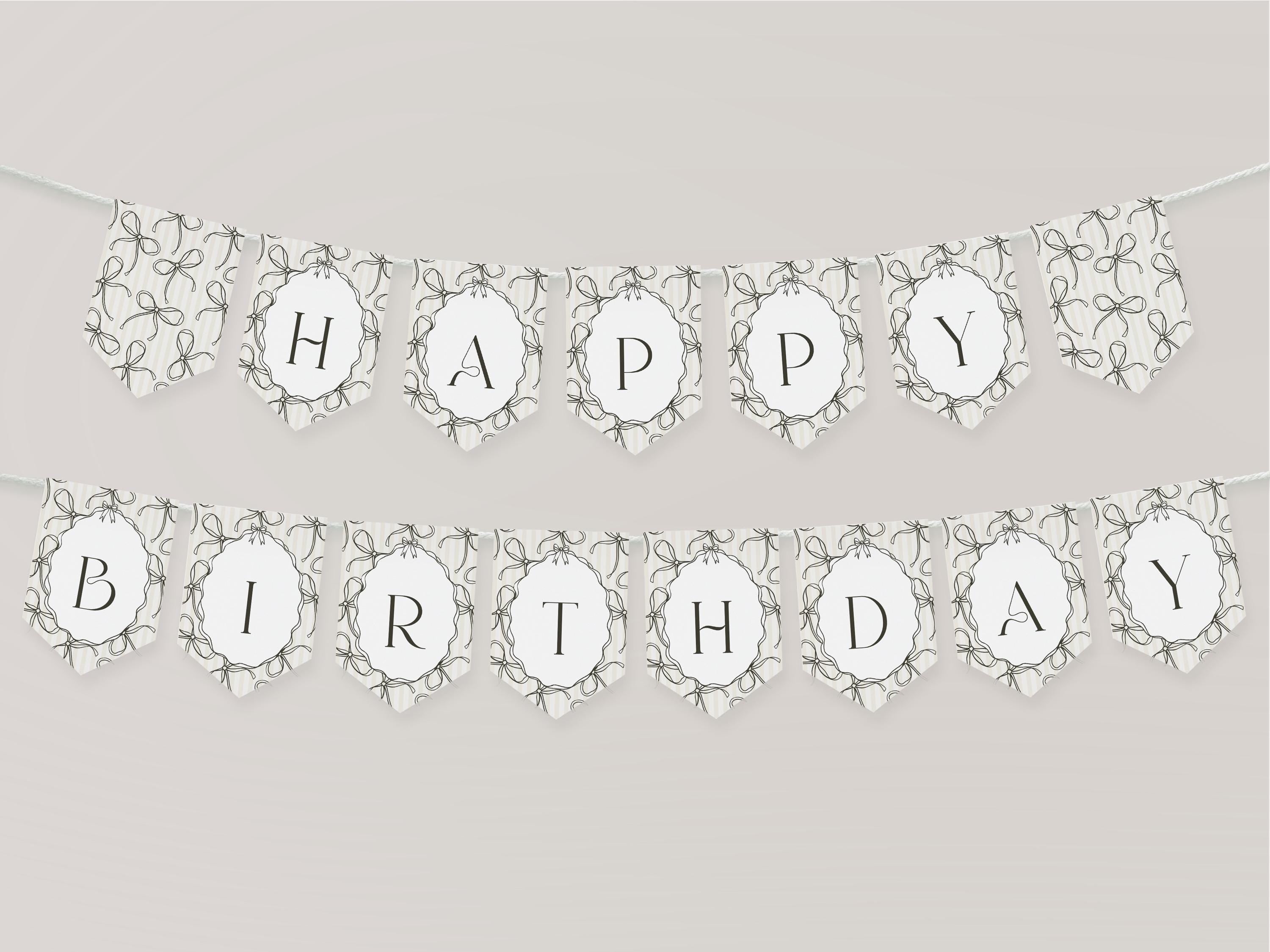 Black Coquette Bow Birthday Party Banner Template, Beige Striped Doodle Bow Birthday for Girl, Bow Party Decor for Fancy Bday Party WP1062