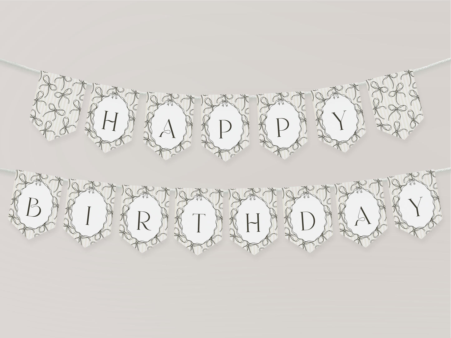 Black Coquette Bow Birthday Party Banner Template, Beige Striped Doodle Bow Birthday for Girl, Bow Party Decor for Fancy Bday Party WP1062