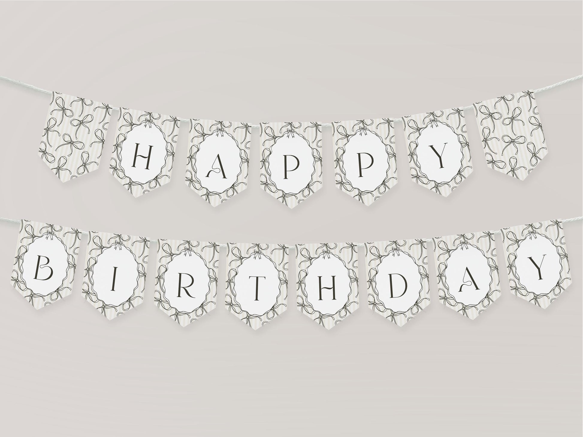 Black Coquette Bow Birthday Party Banner Template, Beige Striped Doodle Bow Birthday for Girl, Bow Party Decor for Fancy Bday Party WP1062