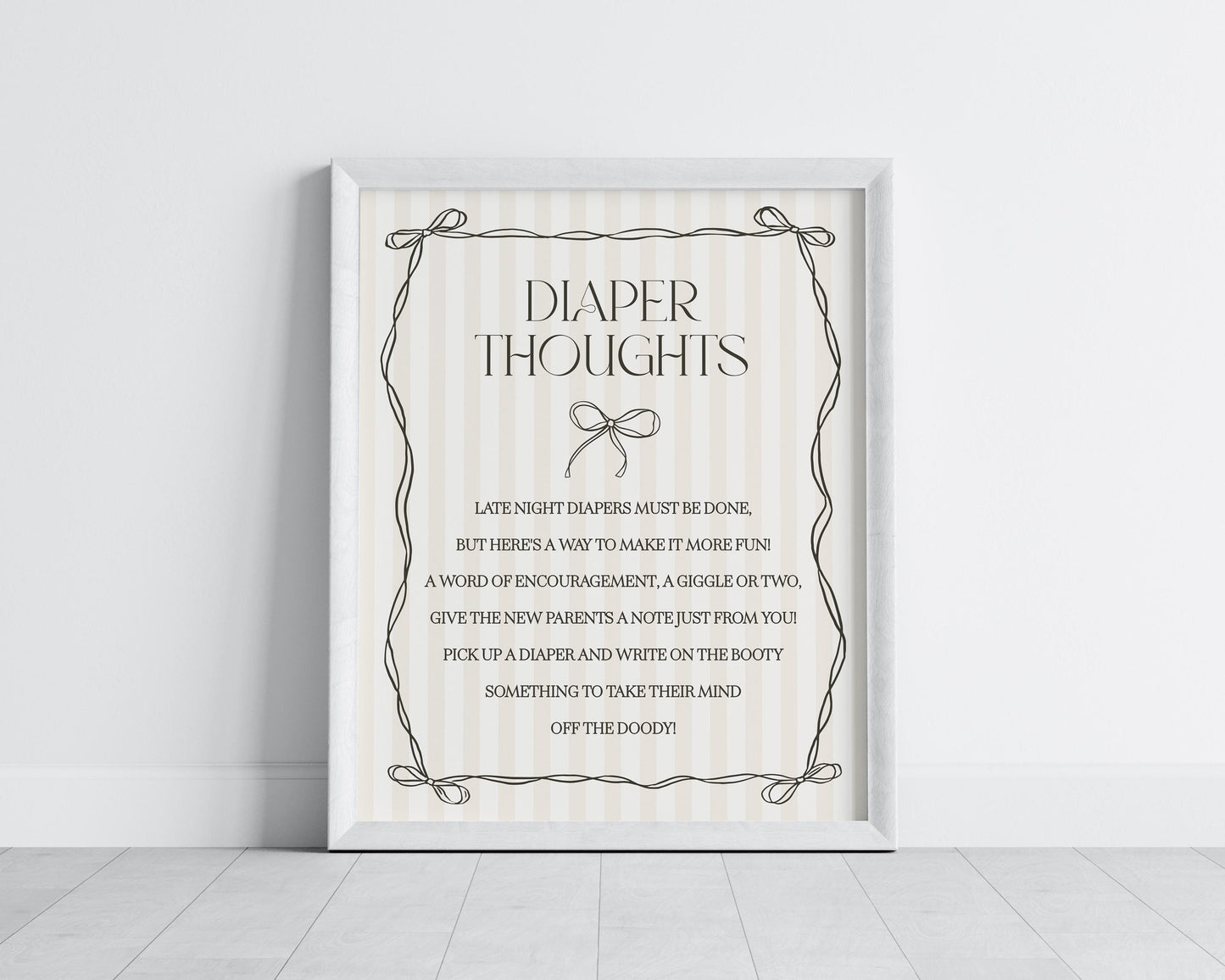 Black Coquette Bow Baby Shower Diaper Thoughts Sign Template, Beige Striped Doodle Bow Baby Sprinkle for Girl, Bow Nesting Party Game WP1062