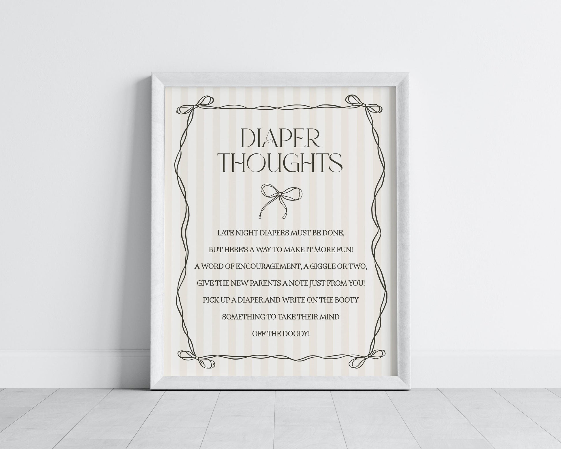 Black Coquette Bow Baby Shower Diaper Thoughts Sign Template, Beige Striped Doodle Bow Baby Sprinkle for Girl, Bow Nesting Party Game WP1062