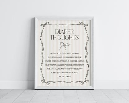 Black Coquette Bow Baby Shower Diaper Thoughts Sign Template, Beige Striped Doodle Bow Baby Sprinkle for Girl, Bow Nesting Party Game WP1062