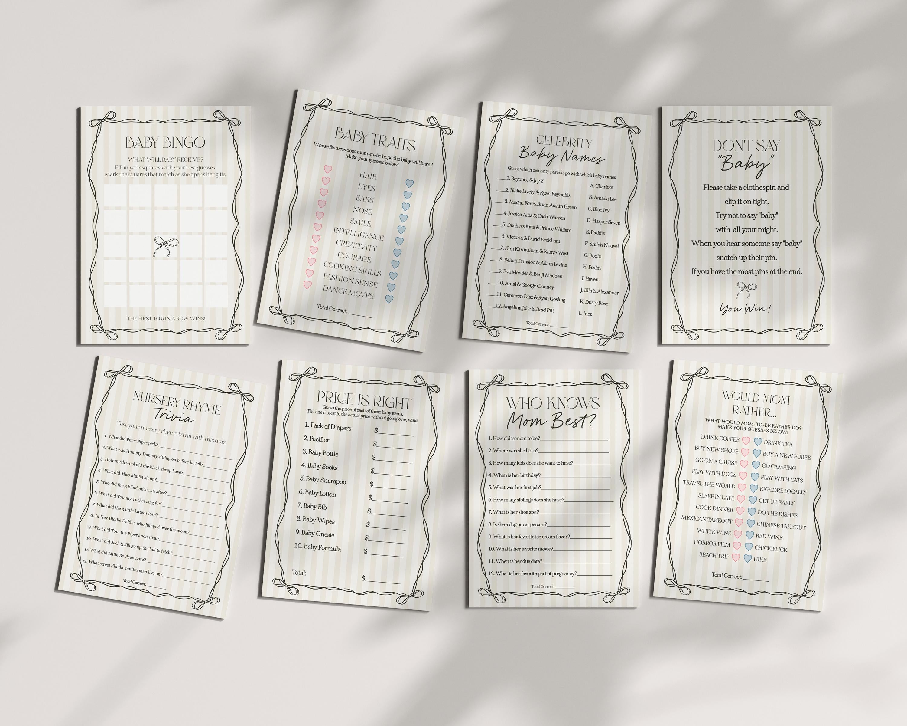 Black Coquette Bow Baby Shower Games Template, Beige Striped Doodle Bow Baby Sprinkle for Girl, Bow Party Decor for Nesting Party WP1062