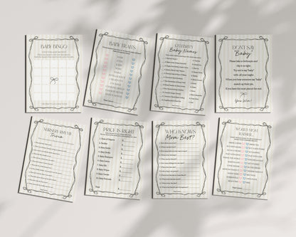 Black Coquette Bow Baby Shower Games Template, Beige Striped Doodle Bow Baby Sprinkle for Girl, Bow Party Decor for Nesting Party WP1062