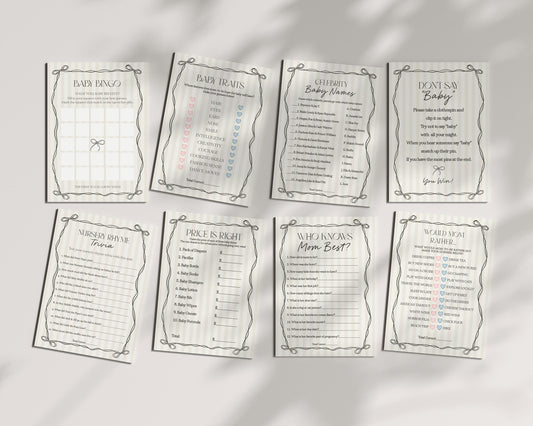 Black Coquette Bow Baby Shower Games Template, Beige Striped Doodle Bow Baby Sprinkle for Girl, Bow Party Decor for Nesting Party WP1062