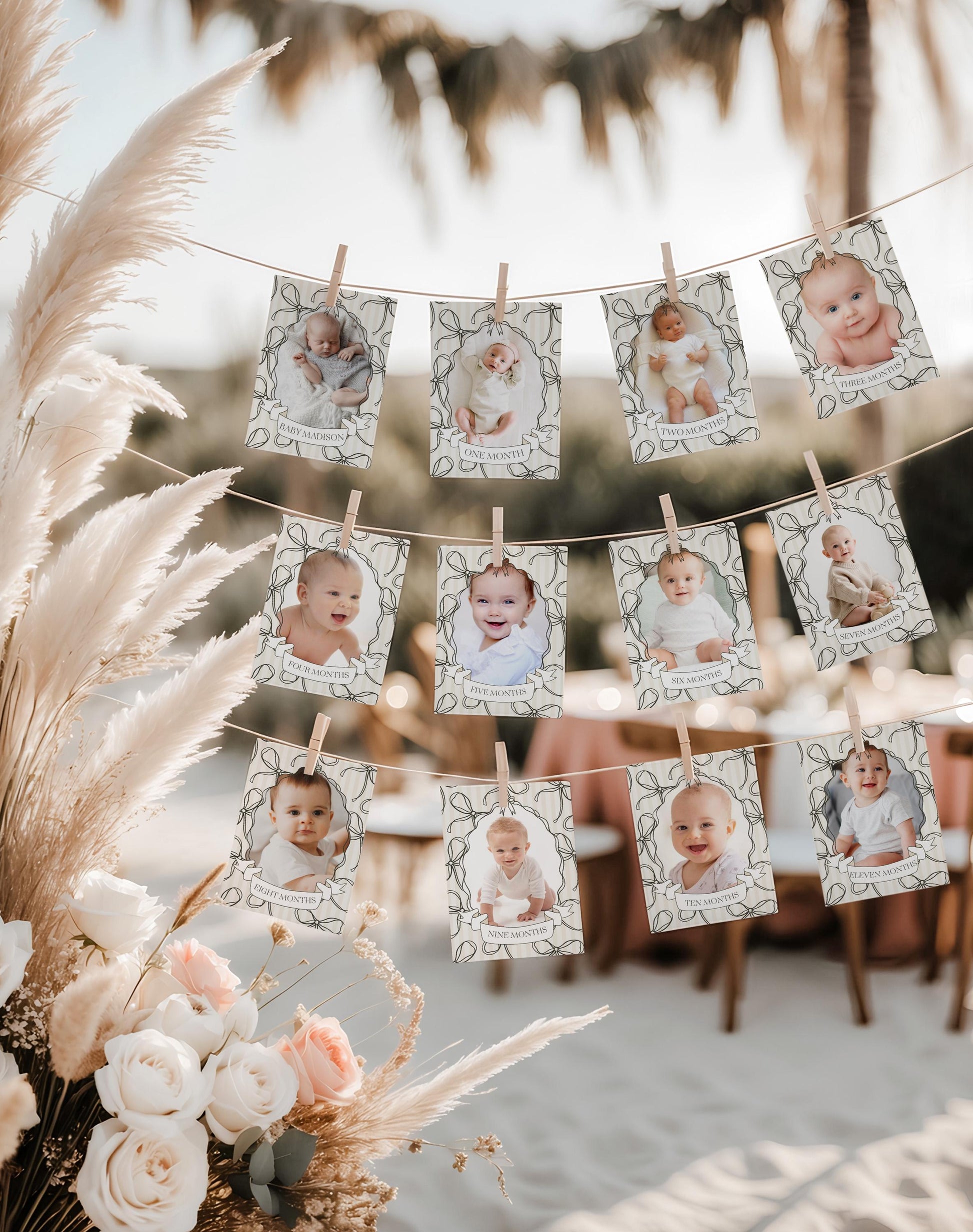 Black Coquette Bow 1st Birthday Milestone Banner Template, Beige Striped Doodle Bow First Birthday Party Girl, Fancy Bow Party Decor WP1062