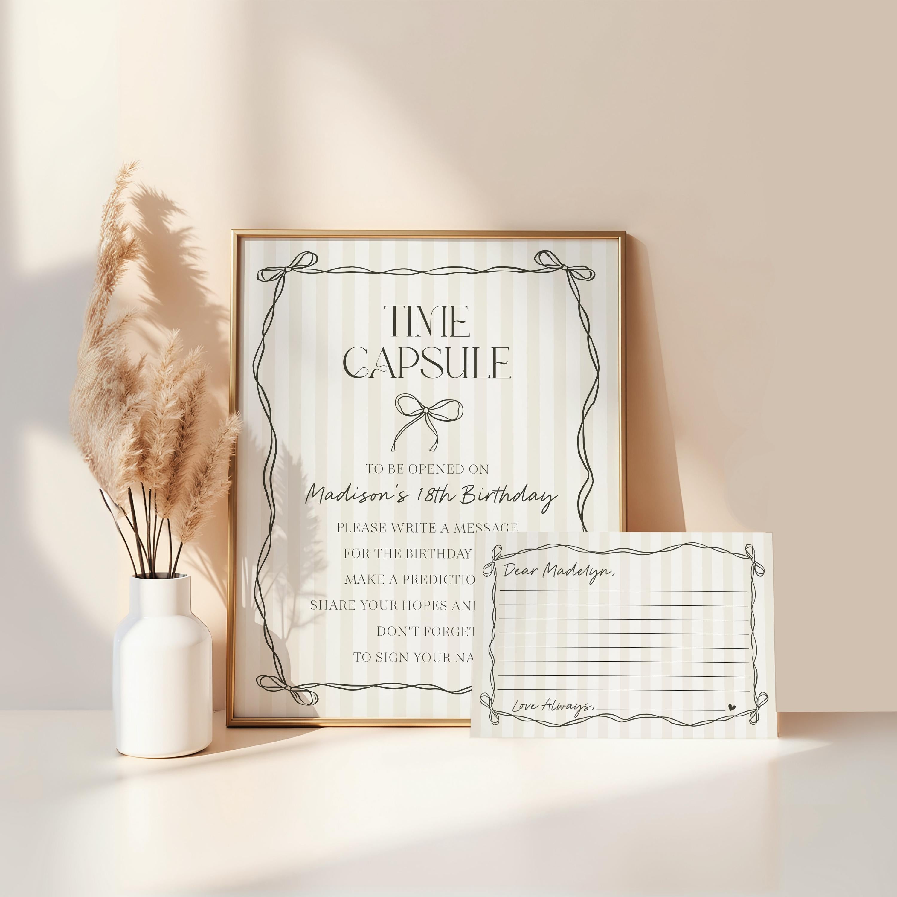 Black Coquette Bow Time Capsule Template, Beige Striped Doodle Bow First Birthday Party for Girl, Bow Party Decor for Fancy Party WP1062