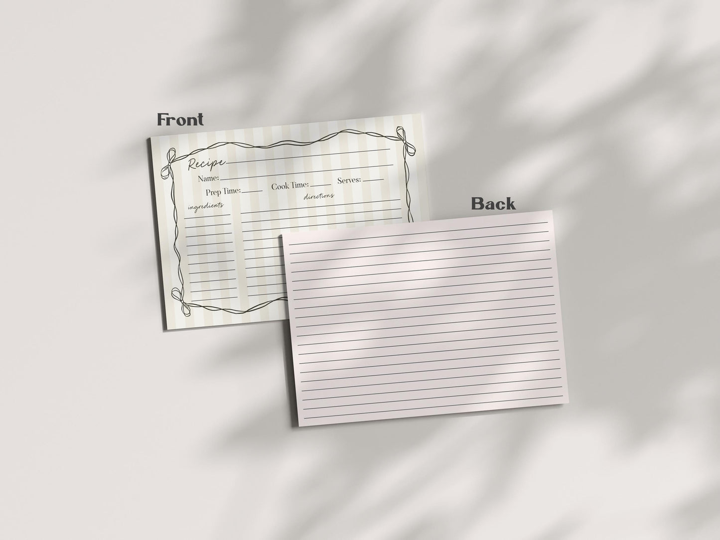 Black Coquette Bow Recipe Card Template Bridal Shower, Beige Striped Doodle Bow Bridal Brunch with the Bride, Tying the Knot Shower WP1062