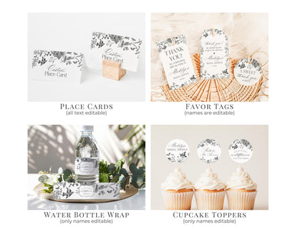 Black Toile de Jouy Wedding Decor Template Bundle, Black Chinoiserie French Theme Wedding Decorations, Black Wildflower Bridal Shower WP1069