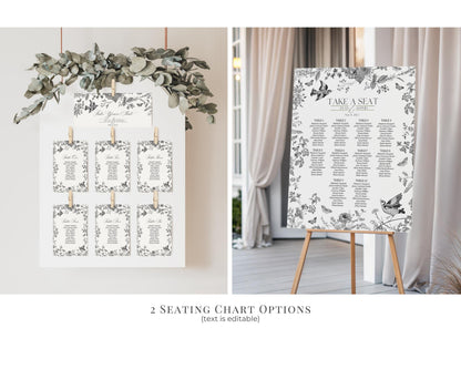 Black Toile de Jouy Wedding Decor Template Bundle, Black Chinoiserie French Theme Wedding Decorations, Black Wildflower Bridal Shower WP1069