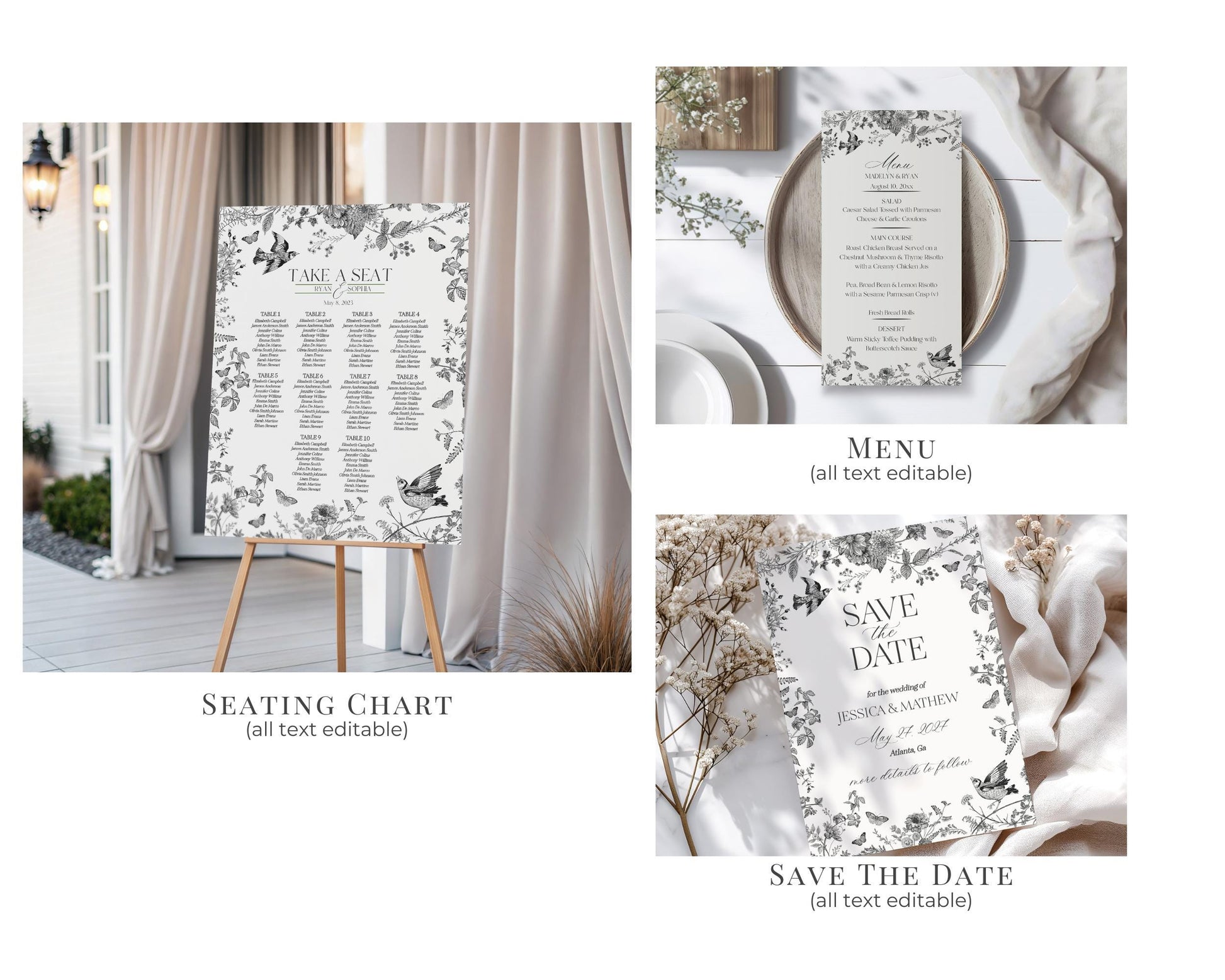 Black Toile de Jouy Wedding Decor Template Bundle, Black Chinoiserie French Theme Wedding Decorations, Black Wildflower Bridal Shower WP1069