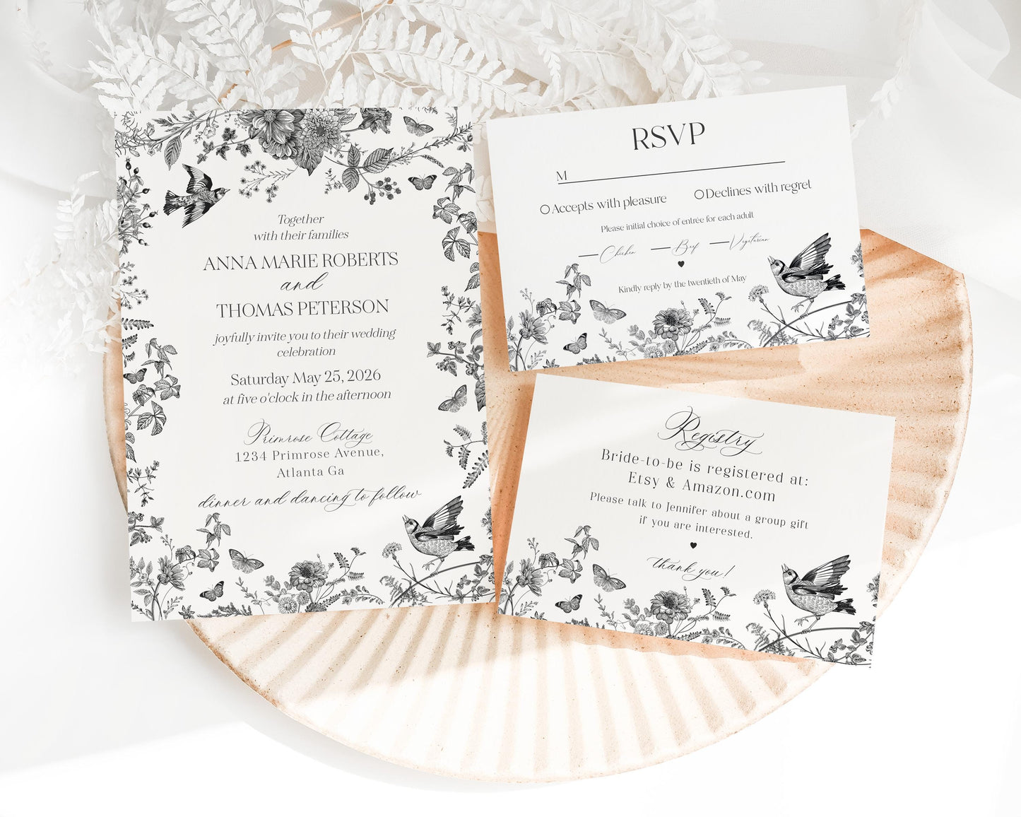 Black Toile de Jouy Wedding Decor Template Bundle, Black Chinoiserie French Theme Wedding Decorations, Black Wildflower Bridal Shower WP1069