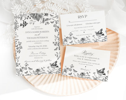 Black Toile de Jouy Wedding Decor Template Bundle, Black Chinoiserie French Theme Wedding Decorations, Black Wildflower Bridal Shower WP1069