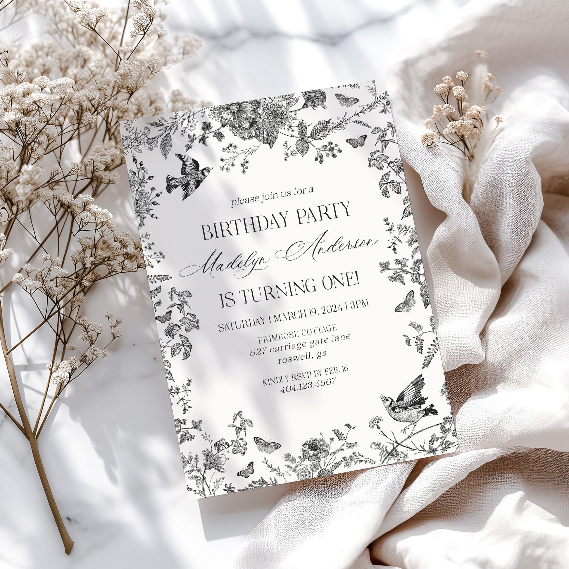 Black Toile de Jouy Birthday Invitation Printable Template, Black Chinoiserie Birthday Party Decor, Wildflower Toile Pattern Invite WP1069